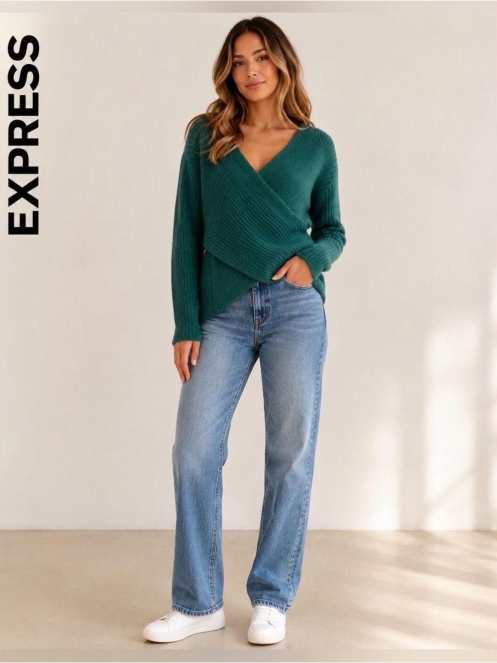 Express Women's Deep Teal Wrap V-Neck Sweater